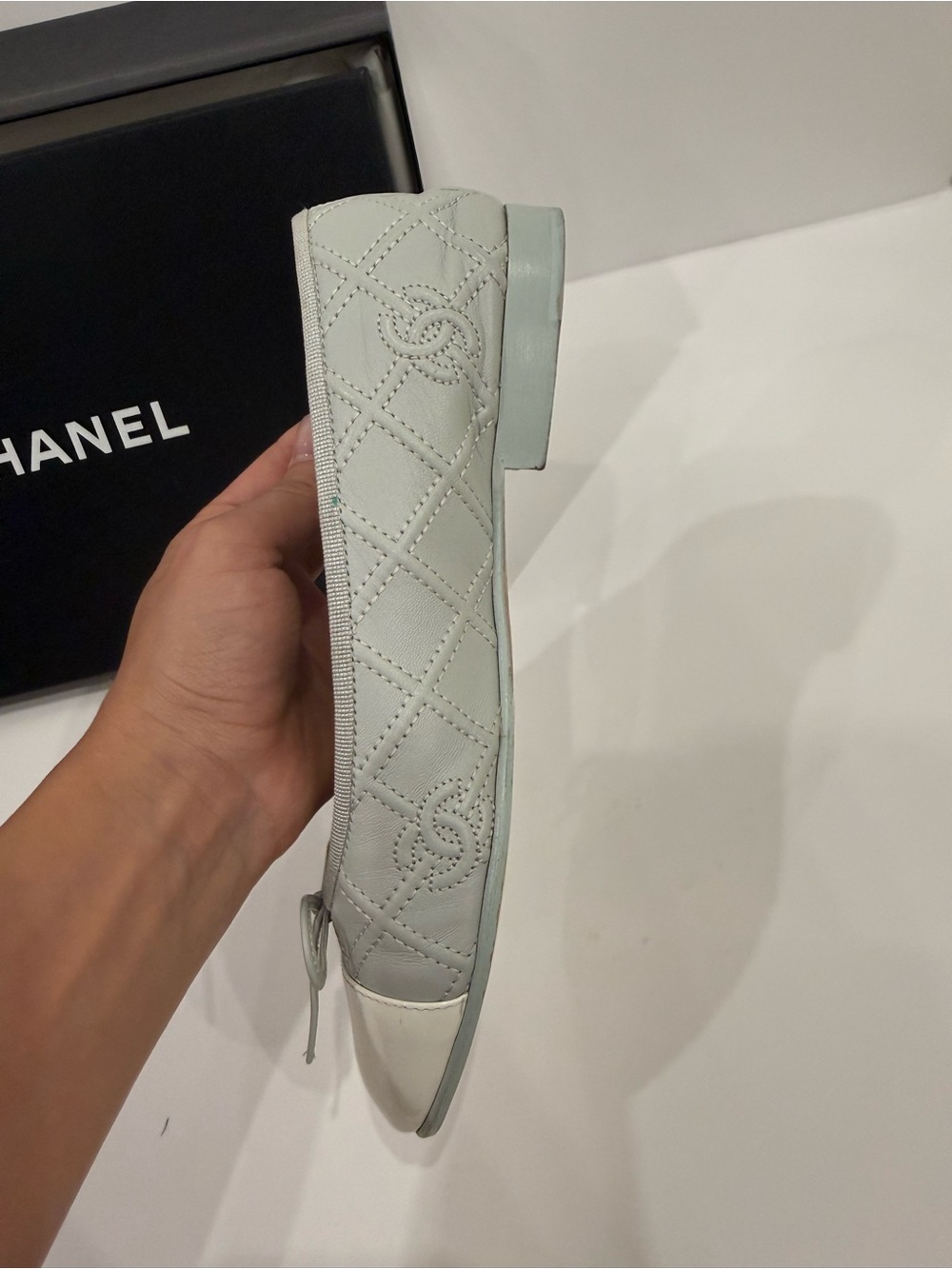 100% AUTHENTIC CHANEL Blue Gray Quilted Leather Ballet Flats with White Cap Toe - Picture 11 of 12